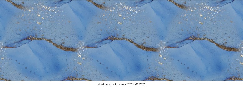Blue Ink Paint. Fluid Seamless Background. Vector Ink Marble. Gold Abstract Watercolor. Foil Marble Background. Luxury Seamless Art Template. Watercolor Canvas. Golden Bronze Glitter. Foil Alcohol Ink
