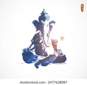 Blue ink painting of Ganesha sitting cross-legged. Traditional oriental ink painting sumi-e, u-sin, go-hua on white background. Hieroglyph - wisdom.