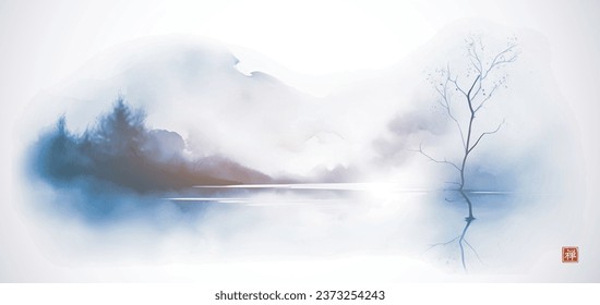 Blue ink painting of  landscape with trees on misty island and big red sun on white background. Traditional oriental ink painting sumi-e, u-sin, go-hua. Translation of hieroglyph - zen.