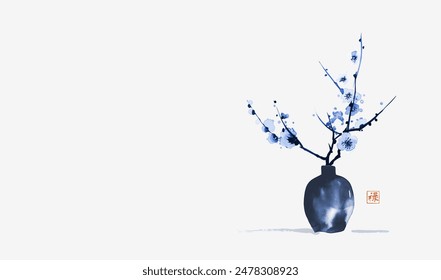 Blue ink painting with sakura cherry blossom in vase on white. Traditional oriental ink painting sumi-e, u-sin, go-hua. Hieroglyph - well-being.