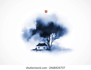 Pintura de tinta azul de una casa Pequeña bajo árboles Grandes. Tinta oriental tradicional pintura sumi-e, u-sin, go-hua. Traducción de jeroglífico - perfección.