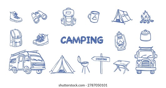 Blue ink pen sketch camping and van life travel vector doodles set. Hand drawn line art tourism icons with camper van, outdoor tent, road trip backpack and campfire isolated on white background. Search for natalyakorol_ink to find more matching vector elements in this style.