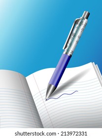 Blue ink pen writing in composition book