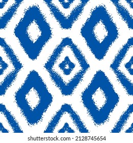 Blue ink rhombuses isolated on white background. Monochrome geometric seamless pattern. Vector simple flat graphic hand drawn illustration. Texture.