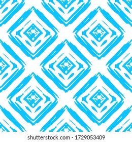 Blue ink rhombuses and squares isolated on white background. Seamless pattern. Hand drawn vector graphic illustration. Texture.