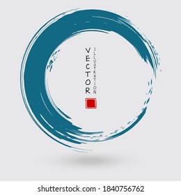 Blue ink round stroke on white background. Japanese style. Vector illustration of grunge circle stains
