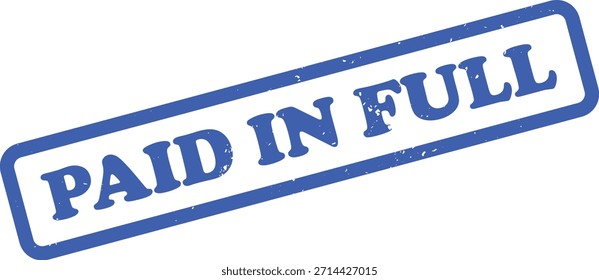 Efecto de sello de goma de tinta azul con el texto PAGADO EN SU TOTALIDAD. Aislado sobre un fondo blanco, el sello se inclina ligeramente y muestra una textura afligida.