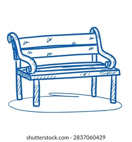 A blue ink sketch of an empty outdoor garden or park bench isolated on a white background