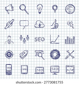 Blue Ink Sketch Set of SEO Icons on Checkered Paper Background