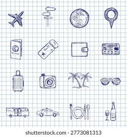 Blue Ink Sketch Set of Vacation Icons on Checkered Paper Background