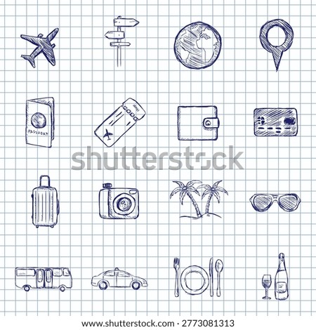 Blue Ink Sketch Set of Vacation Icons on Checkered Paper Background