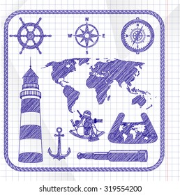 Blue ink sketched navigation icon set
