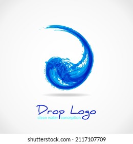 Blue ink splash logo. Abstract colorful falling water wave. Eco fluid stream design. Vector clean water concept template. Grunge symbol