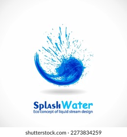 Blue ink splash logo. Abstract colorful falling water wave. Eco fluid stream design. Vector clean water concept template. Grunge symbol