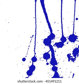 Blue ink splash, stains, strokes and blots on white. Paint Splatter Background. Blue and white vector illustration. Abstract grunge template. 