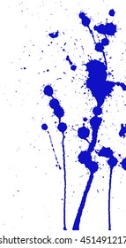 Blue ink splash, stains, strokes and blots on white. Paint Splatter Background. Blue and white vector illustration. Abstract grunge template. 