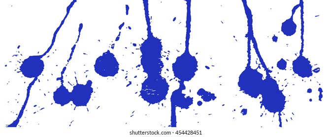 Blue ink splash, stains, strokes and blots on white. Paint Splatter Background. Vector illustration. Abstract grunge template. 