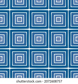 Blue ink squares isolated on white background. Cute geometric tiled seamless pattern. Vector simple flat graphic hand drawn illustration. Texture.