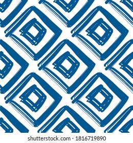 Blue ink squares and rhombuses isolated on white background. Geometric seamless pattern. Vector flat graphic hand drawn illustration. Texture.