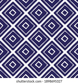 Blue ink squares and rhombuses isolated on white background. Monochrome geometric seamless pattern. Vector flat graphic hand drawn illustration. Texture.