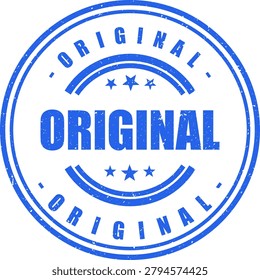 Blue ink stamp displaying the word 'ORIGINAL' in a circular design with stars, signifying authenticity and genuine products, isolated on a white background.