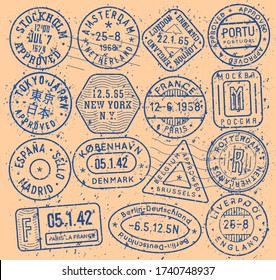 Blue ink stamps icon set. Approved visa signs collection. International passport elements. Retro tourism emblems. Vintage post office symbols. Old postal letter with postmarks.