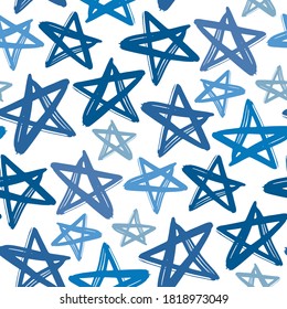 Blue ink stars isolated on white background. Cute seamless pattern. Vector flat graphic hand drawn illustration. Texture.