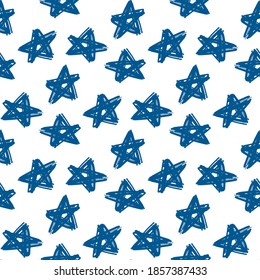Blue ink stars isolated on white background. Cute starry seamless pattern. Vector flat graphic hand drawn illustration. Texture.