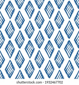 Blue ink striped rhombuses isolated on white background. Cute monochrome geometric seamless pattern. Vector flat graphic hand drawn illustration. Texture.