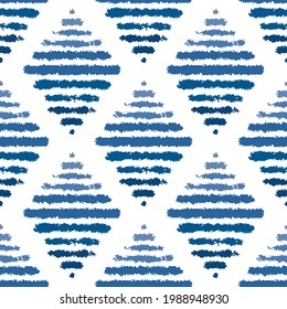 Blue ink striped rhombuses isolated on white background. Cute geometric seamless pattern. Vector simple flat graphic hand drawn illustration. Texture.