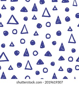 Blue ink triangles and circles isolated on white background. Cute monochrome geometric seamless pattern. Vector simple flat graphic hand drawn illustration. Texture.