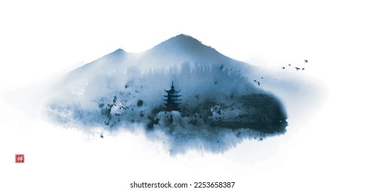 Blue ink wash painting with misty forest mountains and pagoda temple. Traditional oriental ink painting sumi-e, u-sin, go-hua. Translation of hieroglyph - zen.