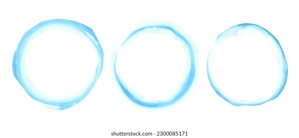 Blue ink, watercolor texture circle. Hand painted round, ring. 