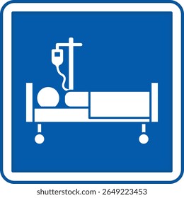 Blue Inpatient Sign. Vector Illustration. Patient Lying Under IV, Treatment of a Sick Person in Hospital. Sign in the Hospital Department