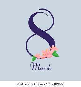 Blue inscription March 8 of paper on a blue background with pink flower