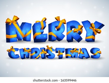 Blue inscription Merry Christmas. The letters in the form of gift boxes tied with packing tape.