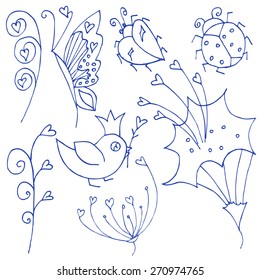 Blue insects doodles. Isolated on white. Vector