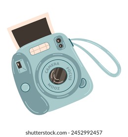 Blue Instant camera device with photo. Photography camera Hand drawn trendy flat style on white background. Icon for websites or mobile applications. Flash and lens visible. Vector illustration