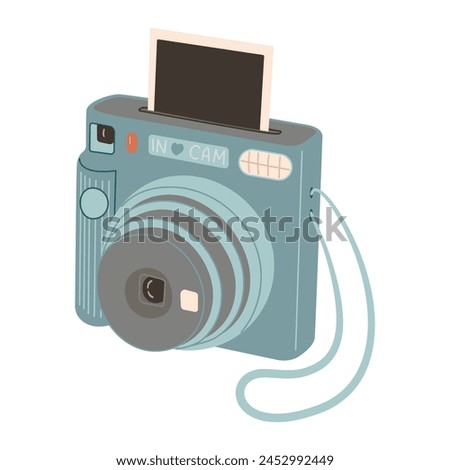 Blue Instant camera device with photo. Photography camera Hand drawn trendy flat style on white background. Icon for websites or mobile applications. Flash and lens visible. Vector illustration