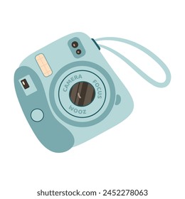 Blue Instant camera device. Photography camera Hand drawn trendy flat style on white background. Icon for websites or mobile applications. Flash and lens visible. Vector illustration