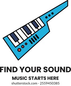 A blue instrument with keys that says find your sound on it