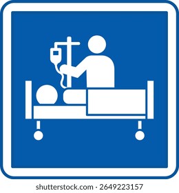 Blue Intensive Care Sign. Vector Illustration. Medical Worker Putting a Drip on a Patient, Treating a Sick Person. Signboard in the Department of the Hospital