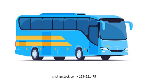 Blue intercity big bus. Public passenger transport. Isolated on white background. Front and side view, vector illustration in flat style.