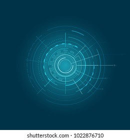 Blue Interface with geometric figures vector illustration with eight rectangles dots curved and straight lines pointers isolated on dark backdrop