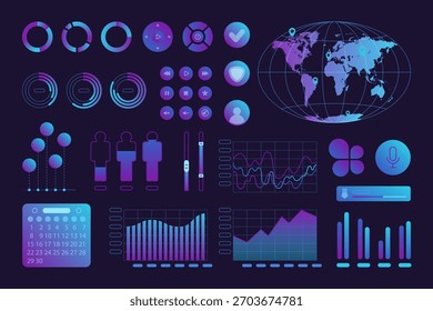 Kit de interface azul para design da Web de UI UX, conjunto de ícones de cor dos elementos do painel de controle. Modelo de menu de usuário escuro com botões mockup, progresso e barra de download, infográfico gráfico gráfico vetor ilustração