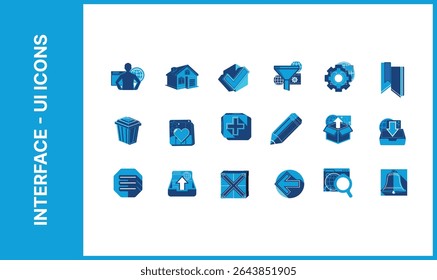Blue interface UI icon set. Collection of modern, flat design glyphs for web and mobile apps. Includes common symbols like home, settings, and download