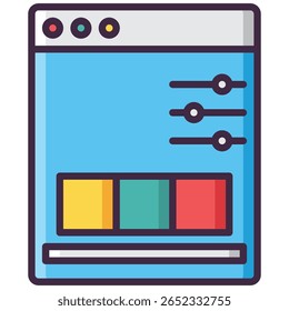 Janela de interface azul com controles deslizantes e paleta de cores, design plano