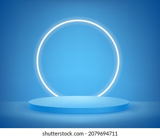 Blue Interior with circle neon light and showcase. Realistic 3d style vector illustration 