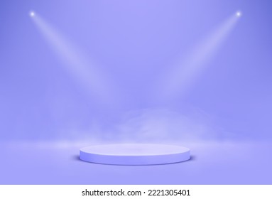 Interior azul con proyectores brillantes, podio y humo. 3.ª ilustración vectorial