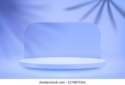 Blue interior with podium and leaf shadows. 3d vector illustration 